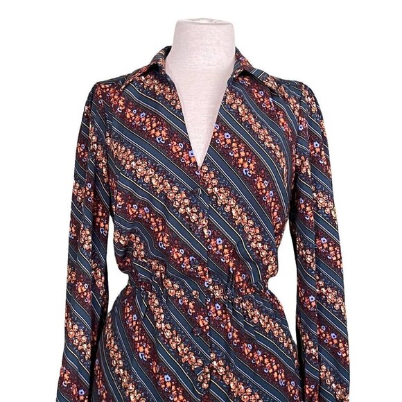 Modcloth Everything & More Jumpsuit Floral Stripe Wide Leg Retro 70's Teal Blue - Picture 5 of 10